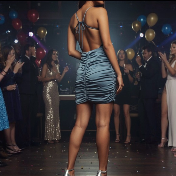 Line and Dot Reveal Collection Steele Blue Open Back Satin Dress - Picture 4 of 12